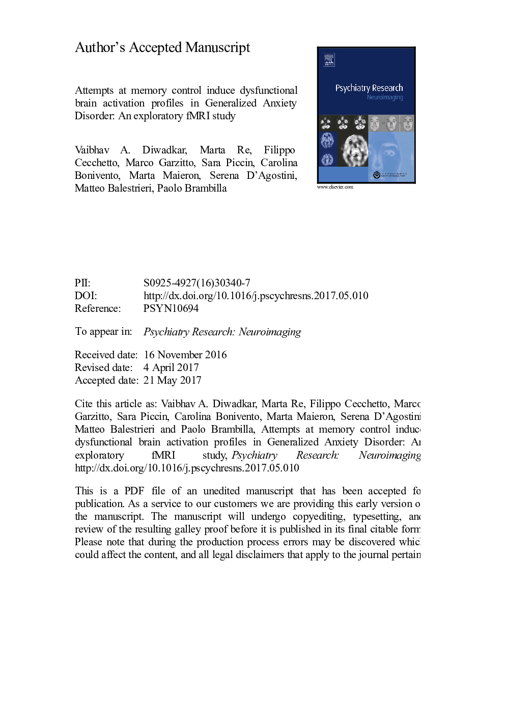 Attempts at memory control induce dysfunctional brain activation profiles in Generalized Anxiety Disorder: An exploratory fMRI study