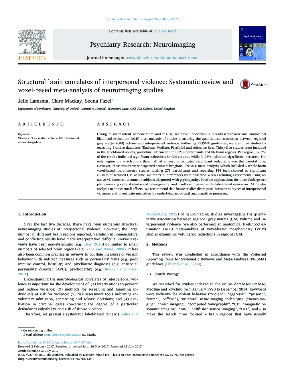 Structural brain correlates of interpersonal violence: Systematic review and voxel-based meta-analysis of neuroimaging studies