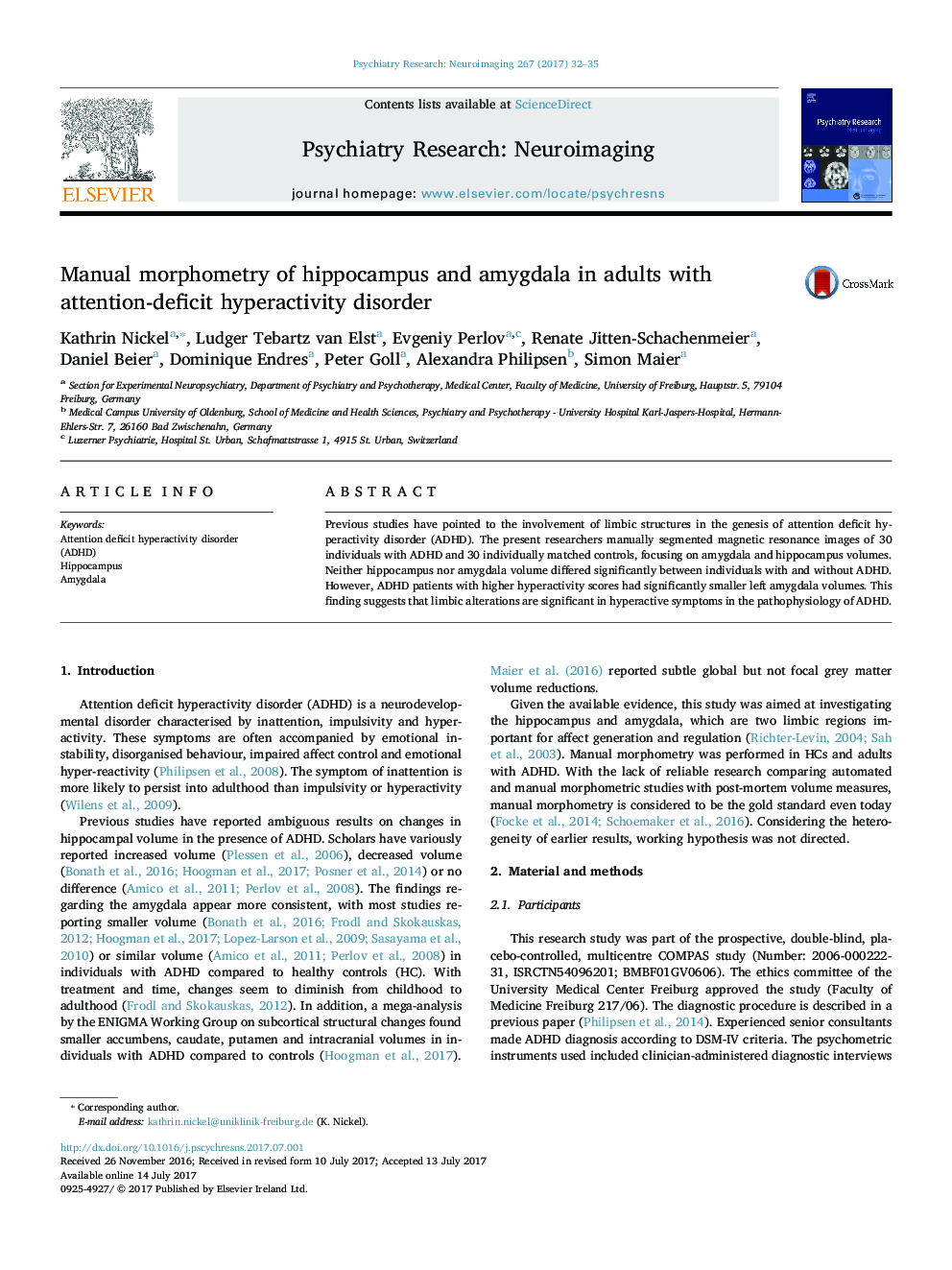 Manual morphometry of hippocampus and amygdala in adults with attention-deficit hyperactivity disorder