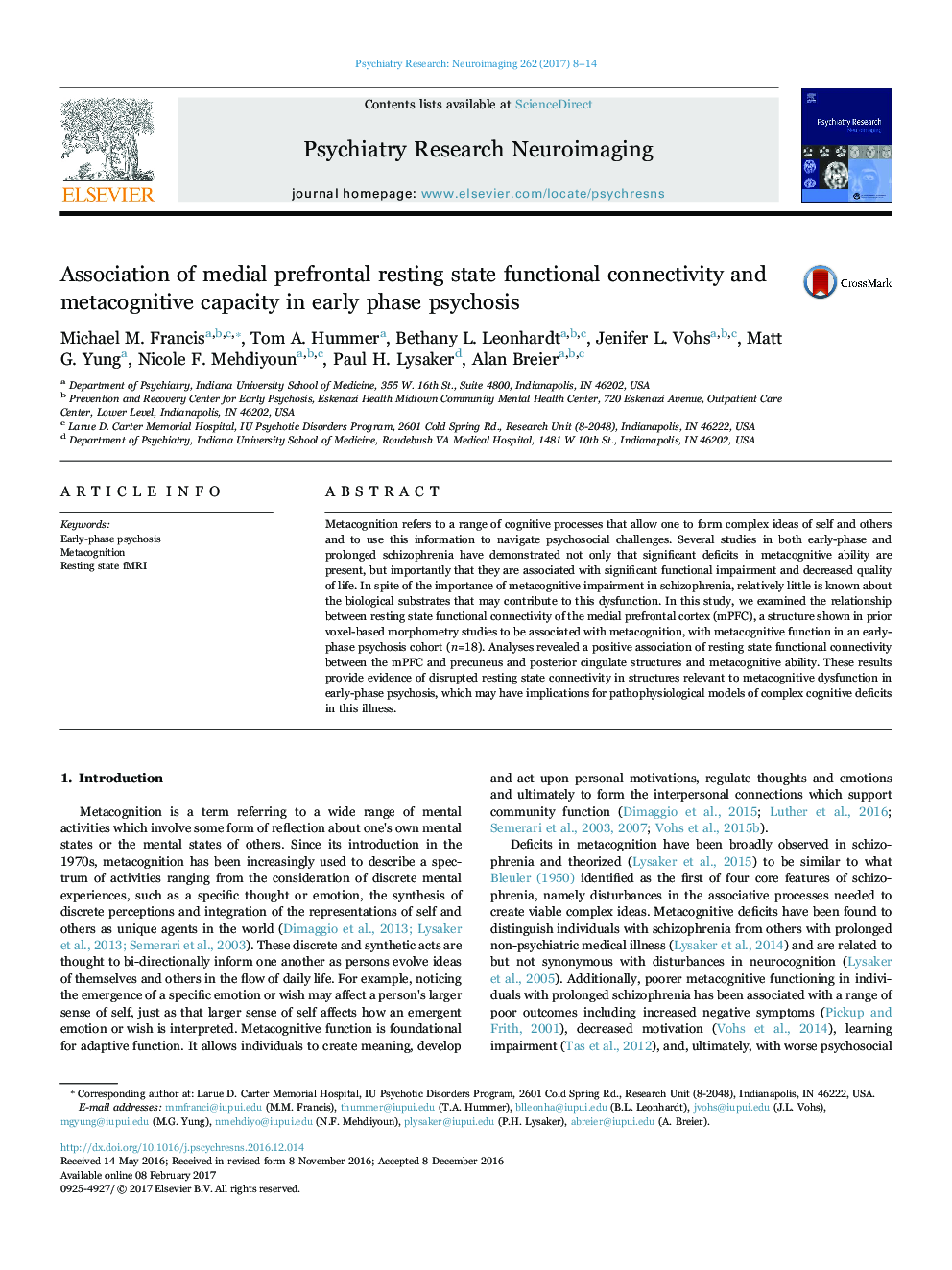 Association of medial prefrontal resting state functional connectivity and metacognitive capacity in early phase psychosis