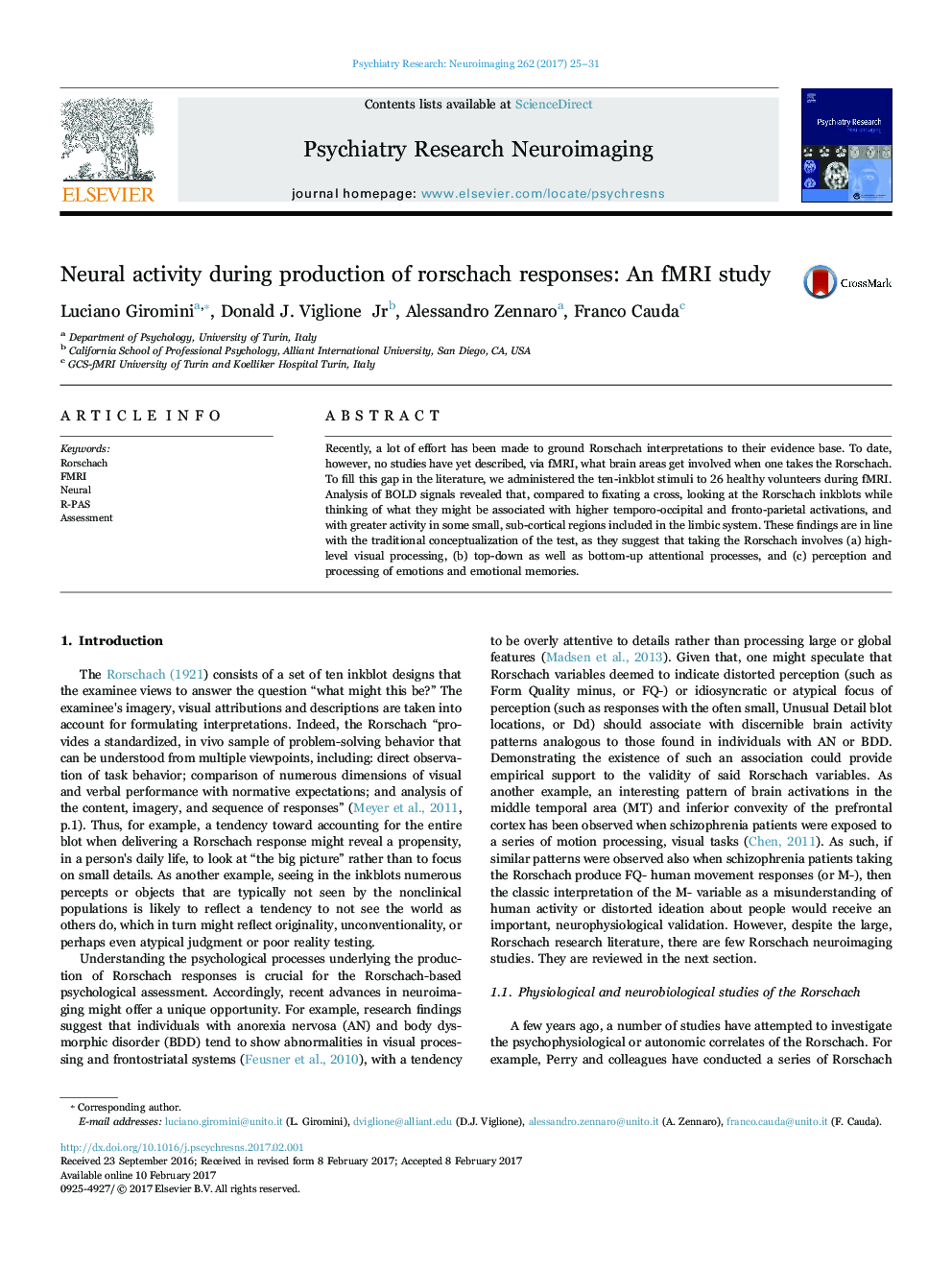 Neural activity during production of rorschach responses: An fMRI study