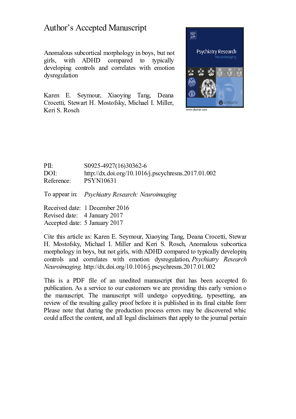 Anomalous subcortical morphology in boys, but not girls, with ADHD compared to typically developing controls and correlates with emotion dysregulation