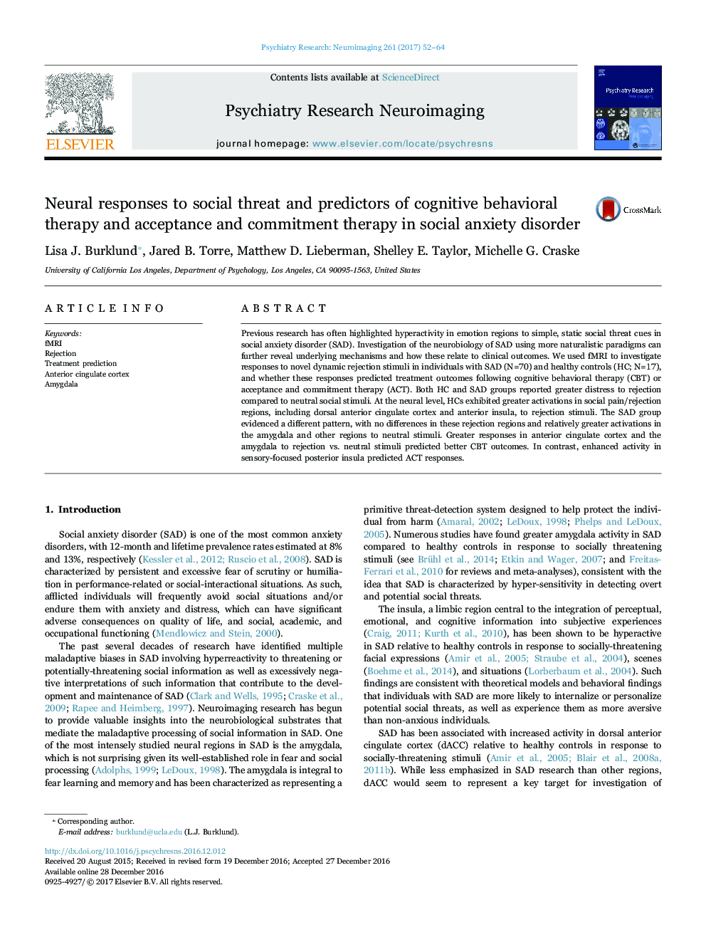 Neural responses to social threat and predictors of cognitive behavioral therapy and acceptance and commitment therapy in social anxiety disorder