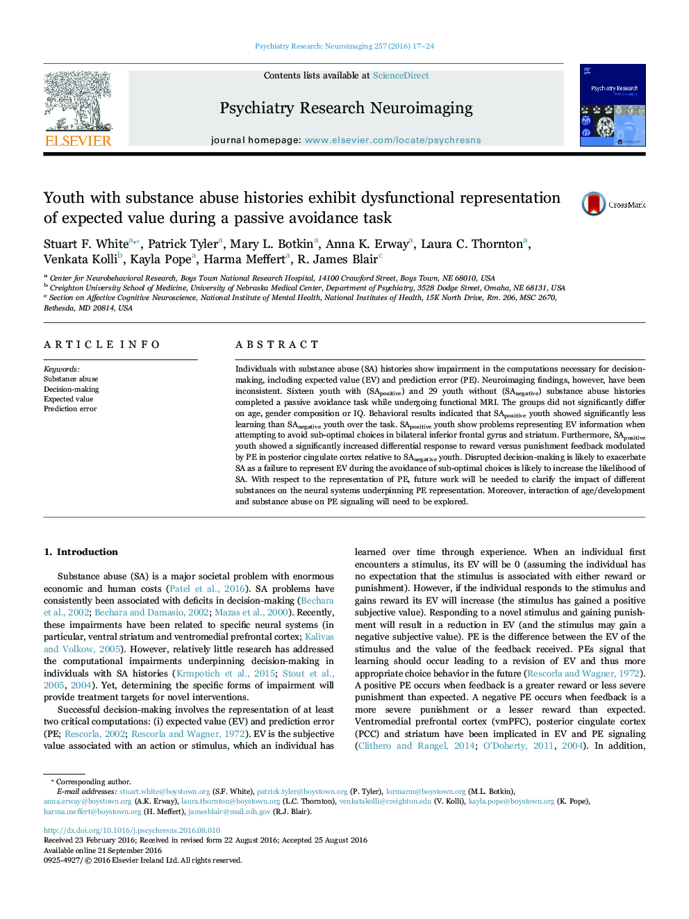 Youth with substance abuse histories exhibit dysfunctional representation of expected value during a passive avoidance task