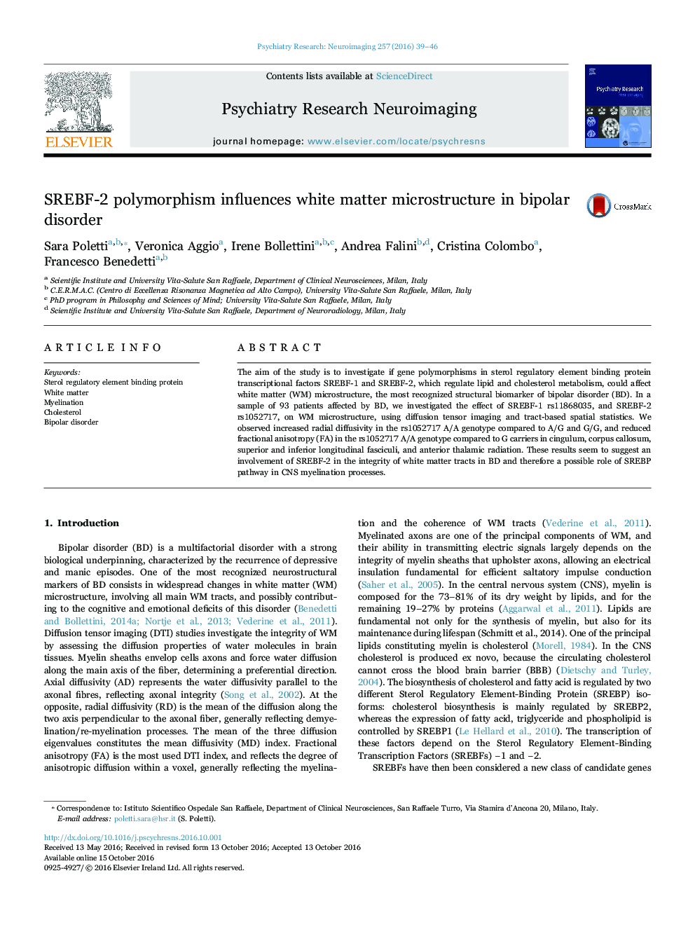 SREBF-2 polymorphism influences white matter microstructure in bipolar disorder