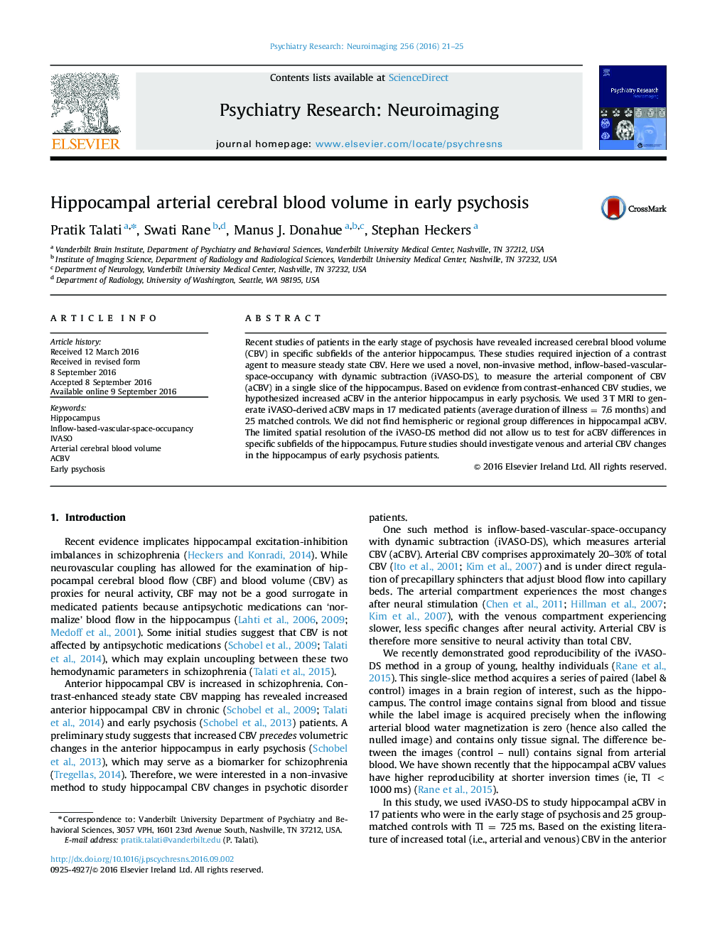 Hippocampal arterial cerebral blood volume in early psychosis