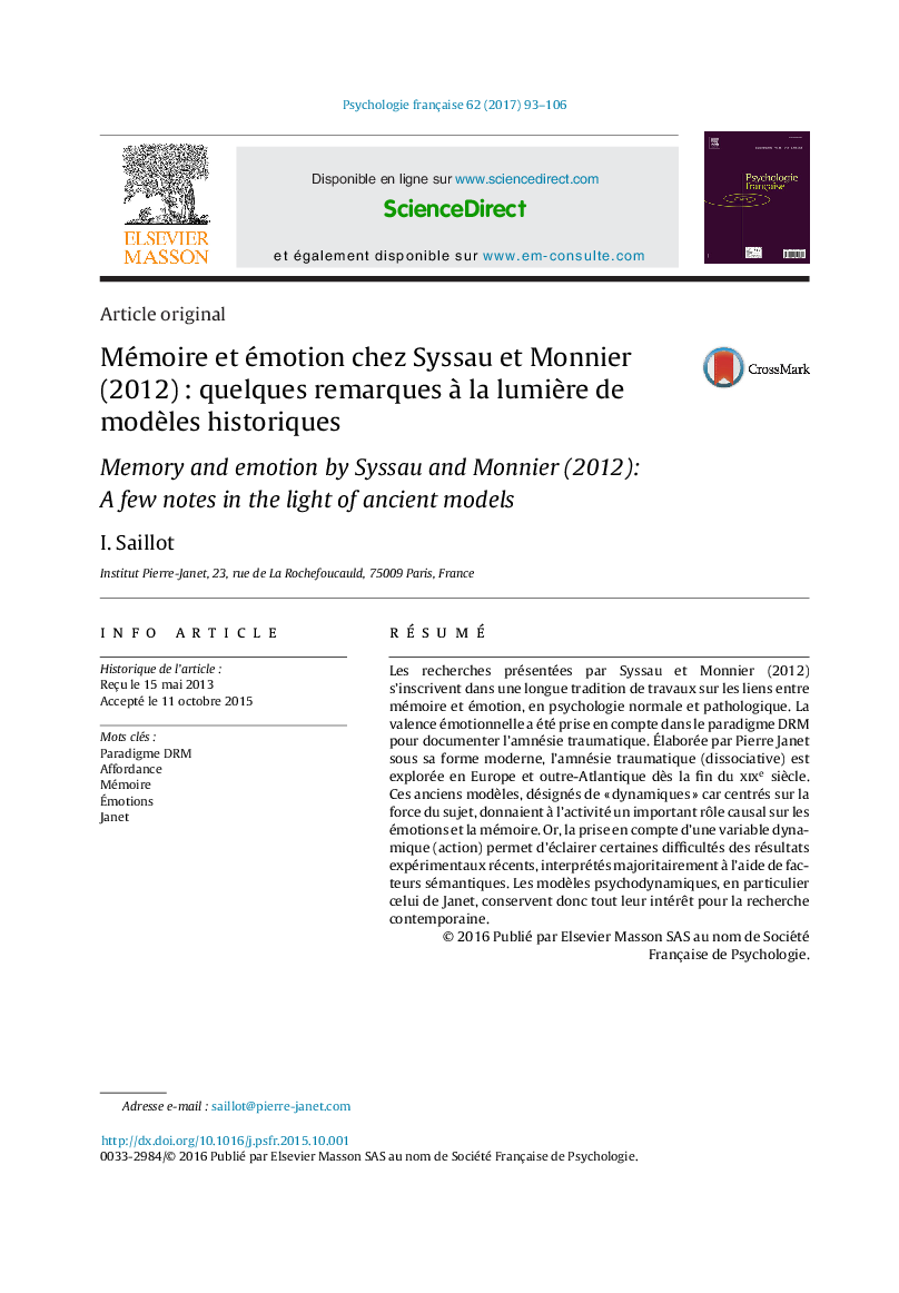 Mémoire et émotion chez Syssau et Monnier (2012)Â : quelques remarques Ã  la lumiÃ¨re de modÃ¨les historiques