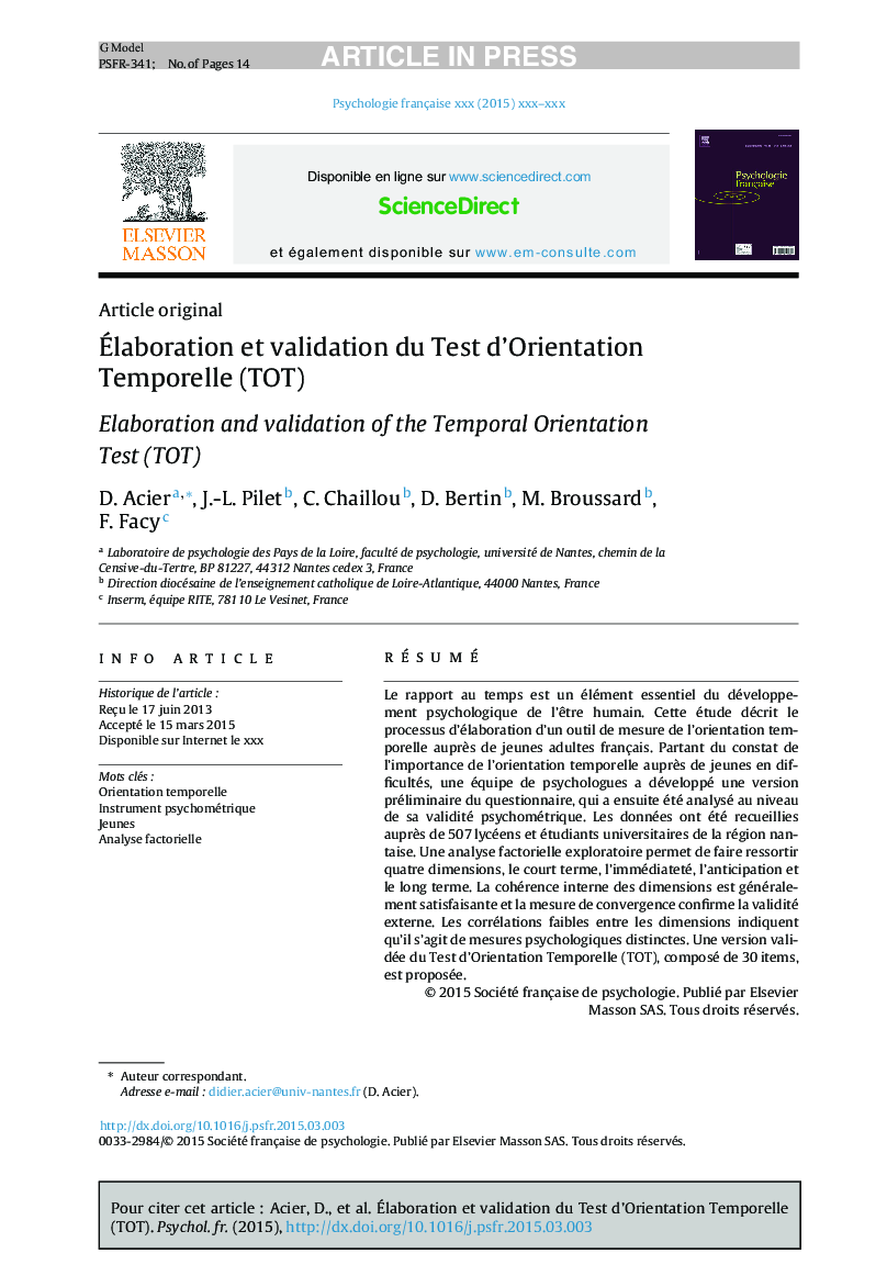 Ãlaboration et validation du Test d'Orientation Temporelle (TOT)