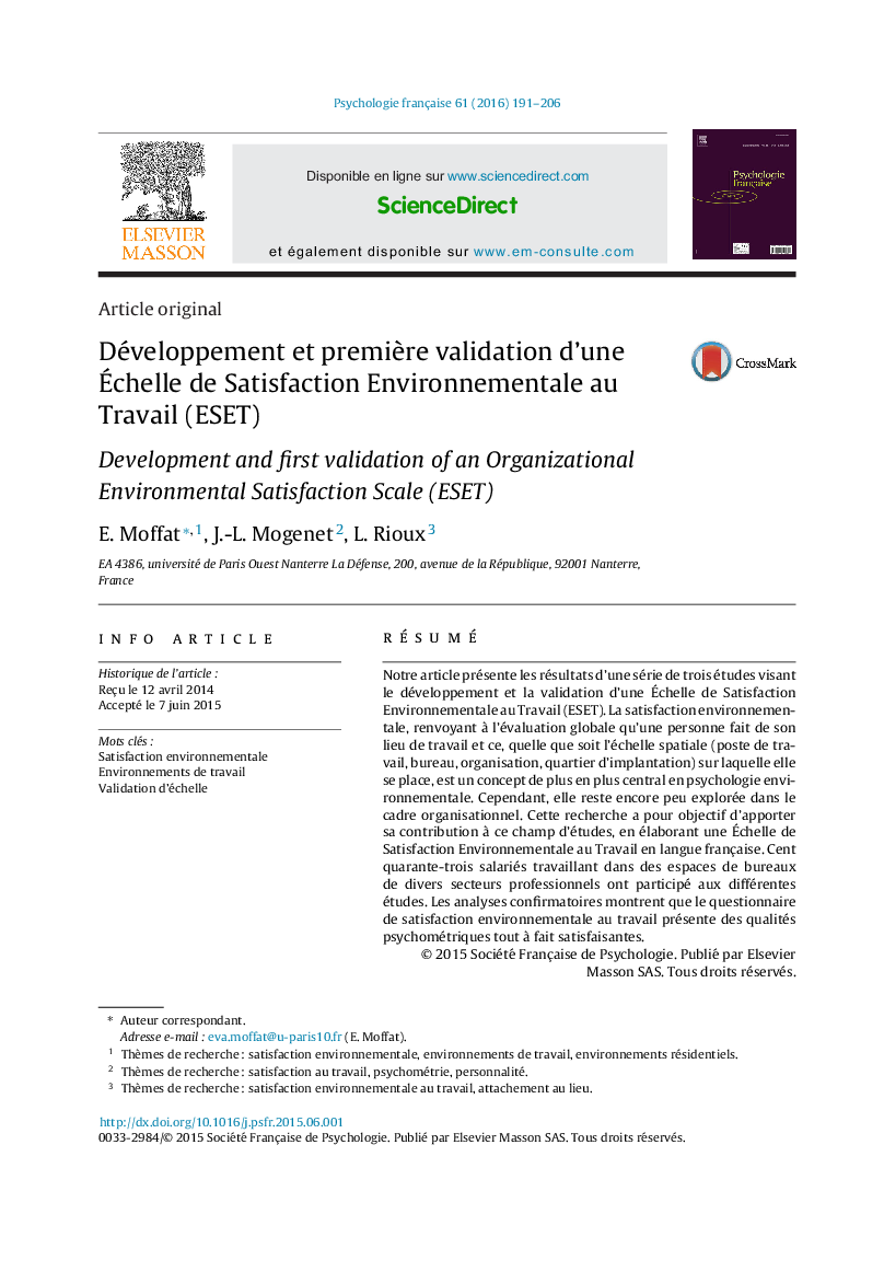 Développement et premiÃ¨re validation d'une Ãchelle de Satisfaction Environnementale au Travail (ESET)