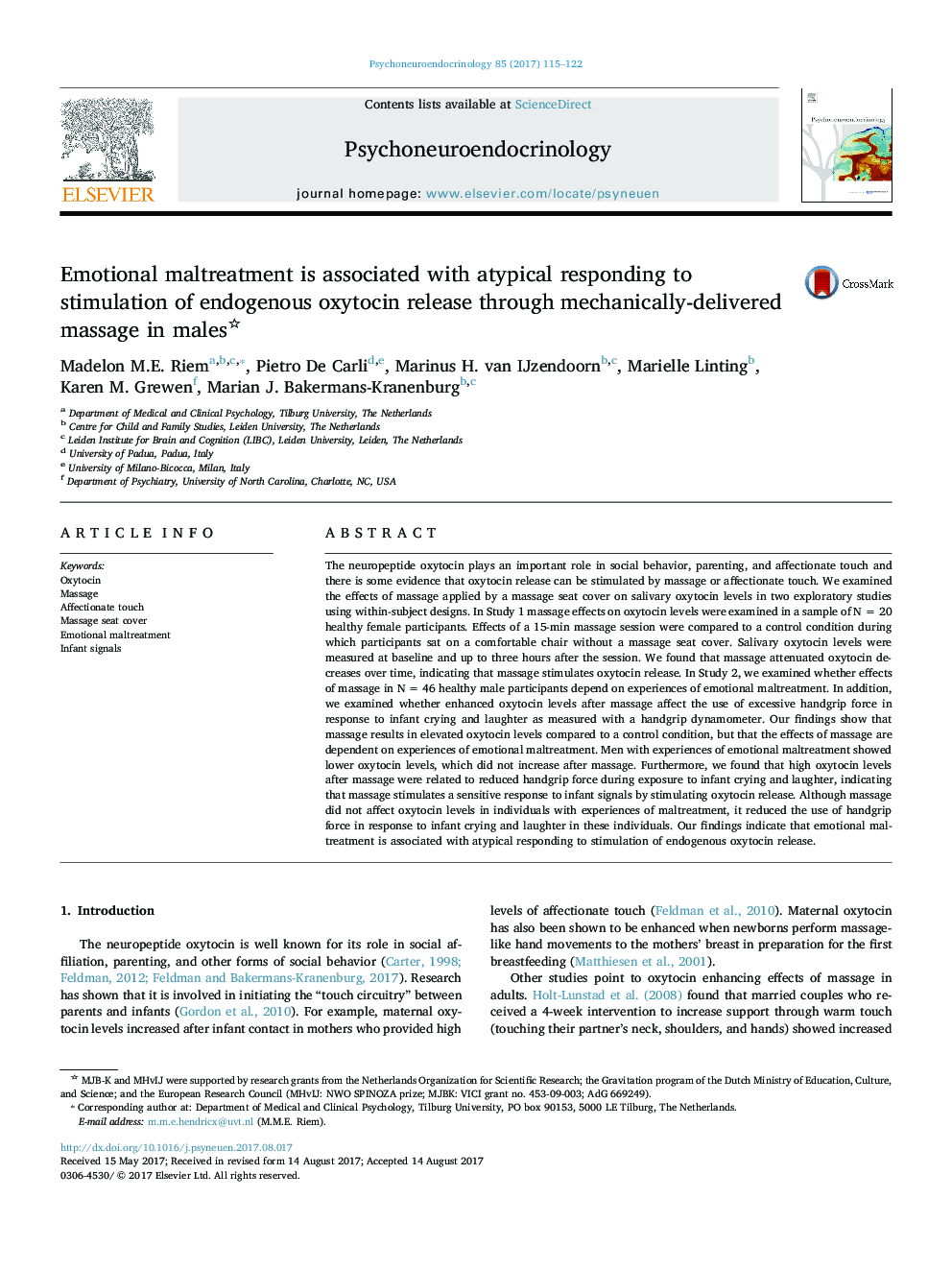 Emotional maltreatment is associated with atypical responding to stimulation of endogenous oxytocin release through mechanically-delivered massage in males