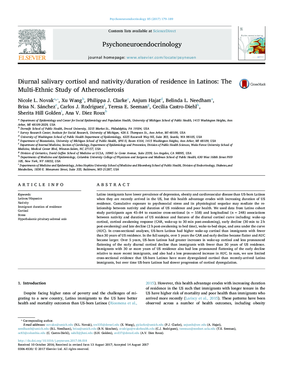 Diurnal salivary cortisol and nativity/duration of residence in Latinos: The Multi-Ethnic Study of Atherosclerosis