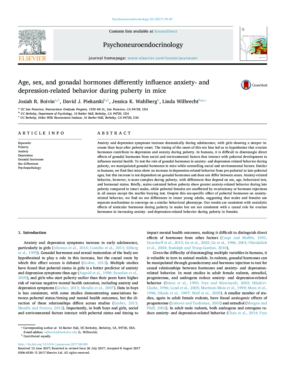 Age, sex, and gonadal hormones differently influence anxiety- and depression-related behavior during puberty in mice