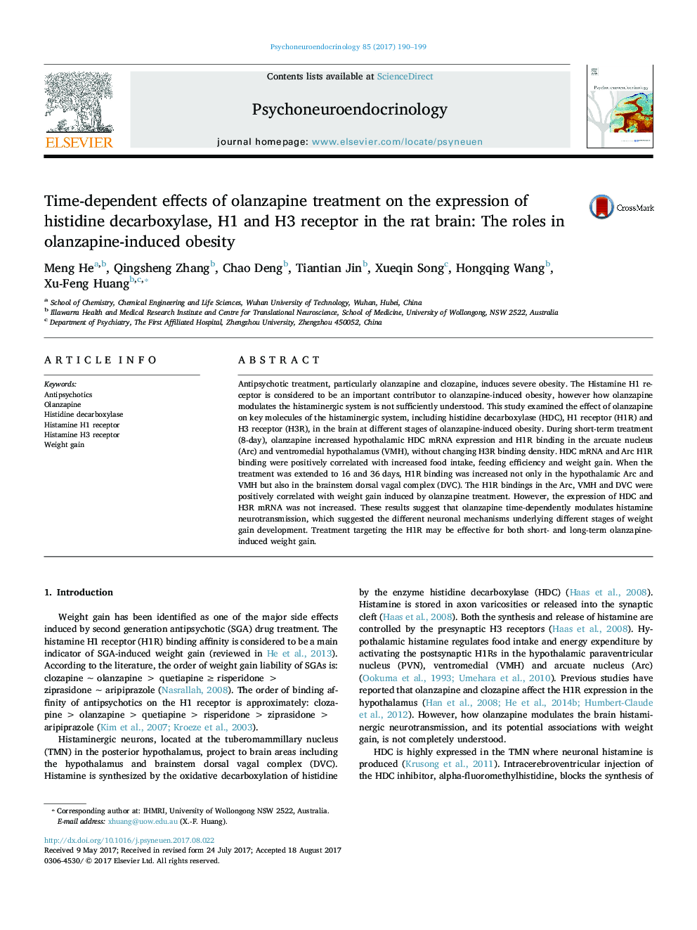 Time-dependent effects of olanzapine treatment on the expression of histidine decarboxylase, H1 and H3 receptor in the rat brain: The roles in olanzapine-induced obesity