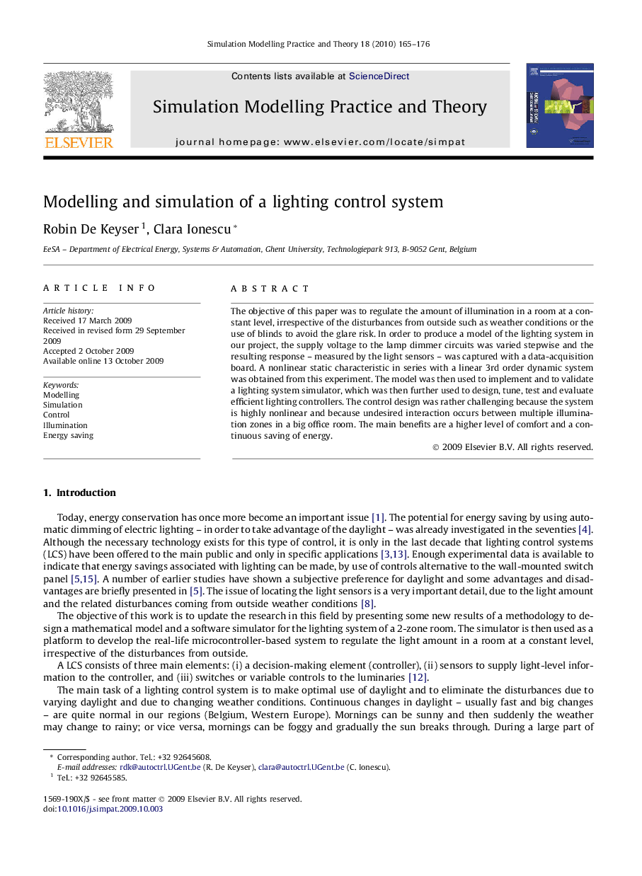 Modelling and simulation of a lighting control system