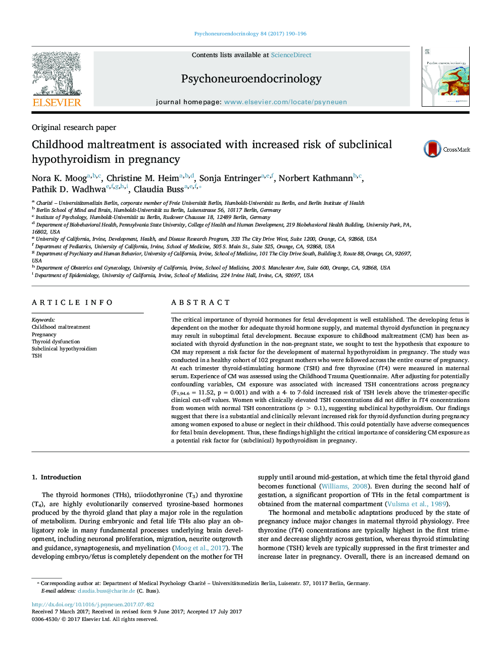 Childhood maltreatment is associated with increased risk of subclinical hypothyroidism in pregnancy