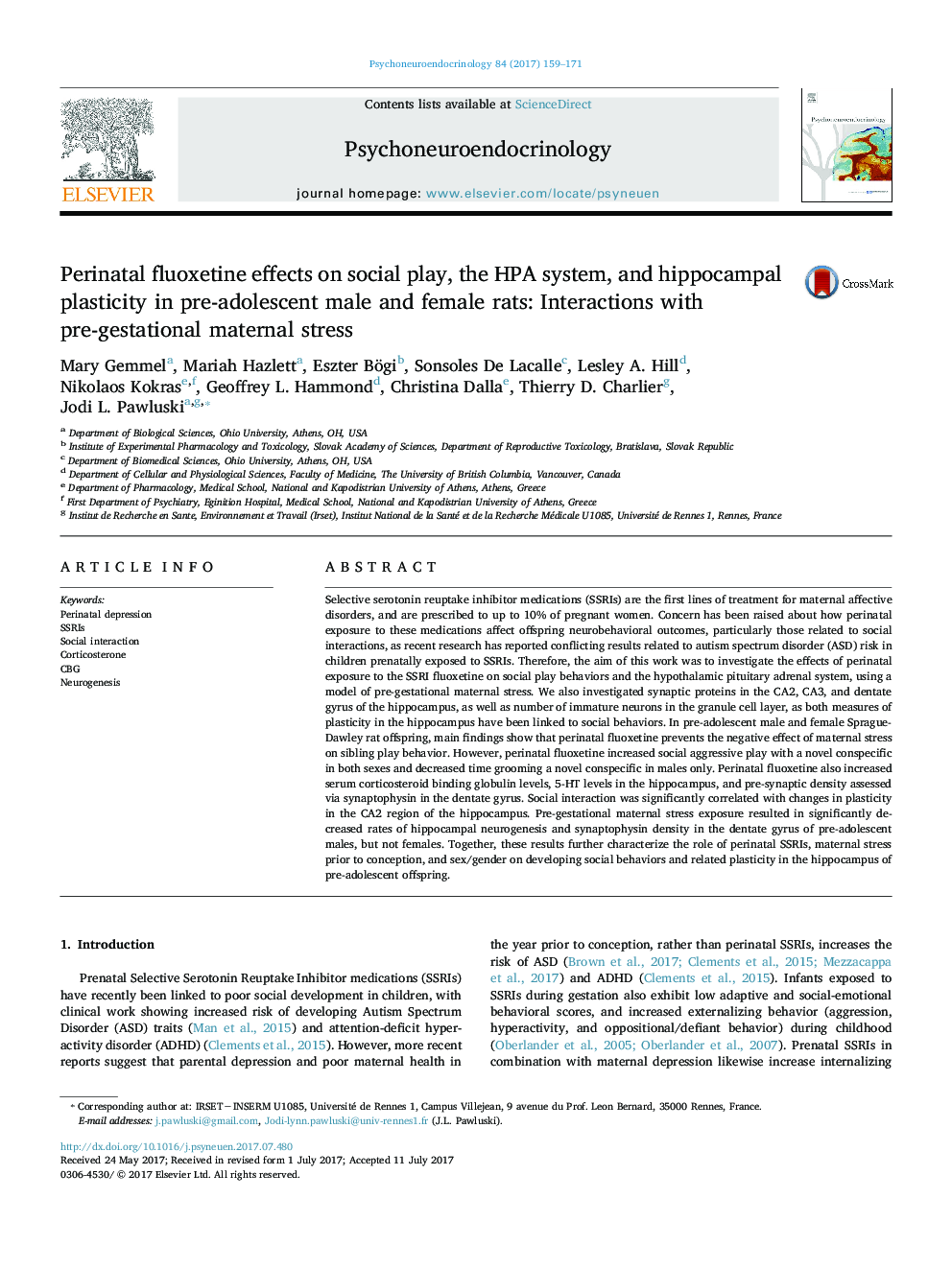 Perinatal fluoxetine effects on social play, the HPA system, and hippocampal plasticity in pre-adolescent male and female rats: Interactions with pre-gestational maternal stress