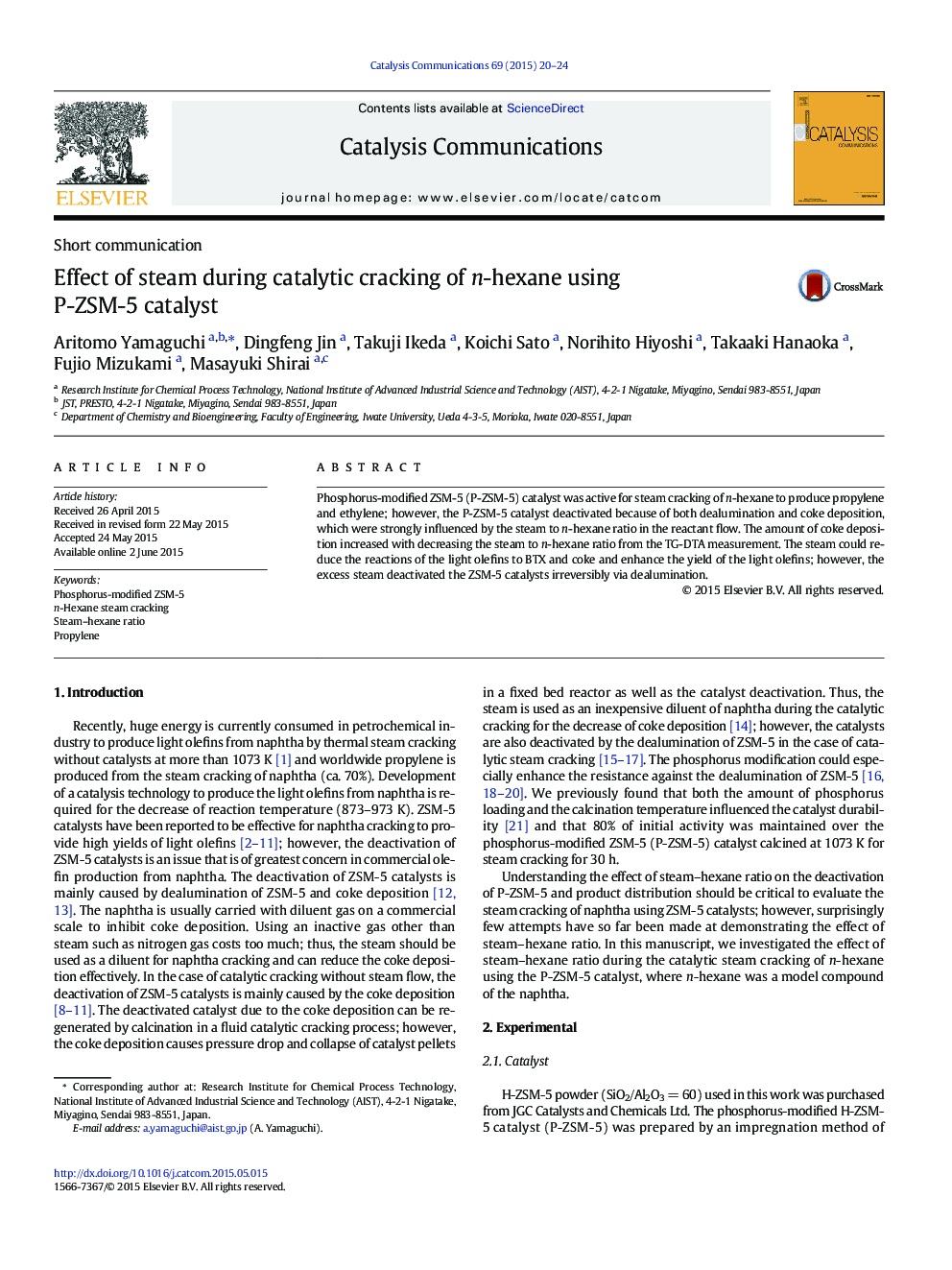 Effect of steam during catalytic cracking of n-hexane using P-ZSM-5 catalyst