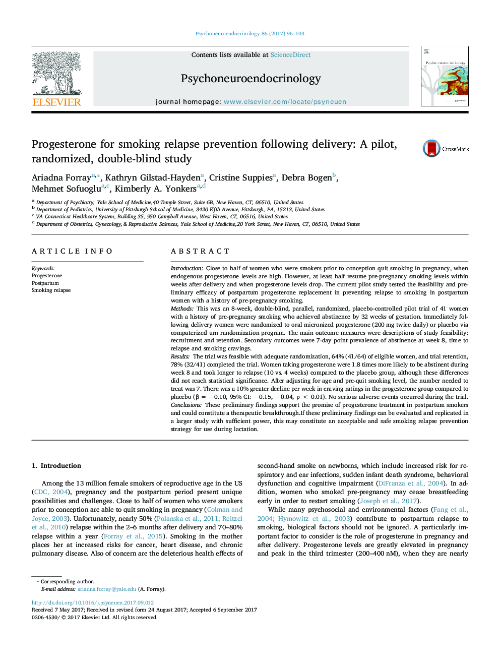 Progesterone for smoking relapse prevention following delivery: A pilot, randomized, double-blind study