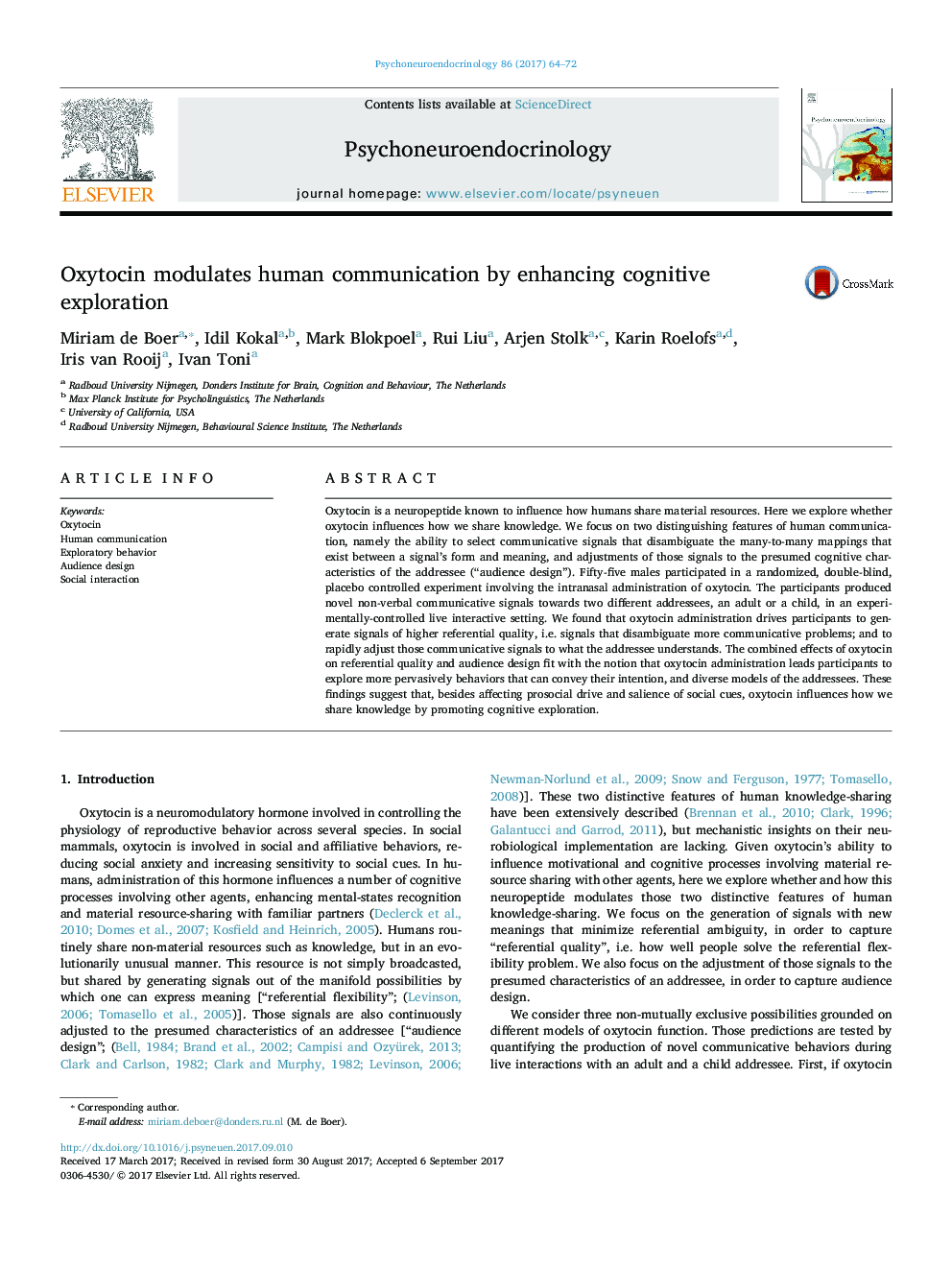 Oxytocin modulates human communication by enhancing cognitive exploration