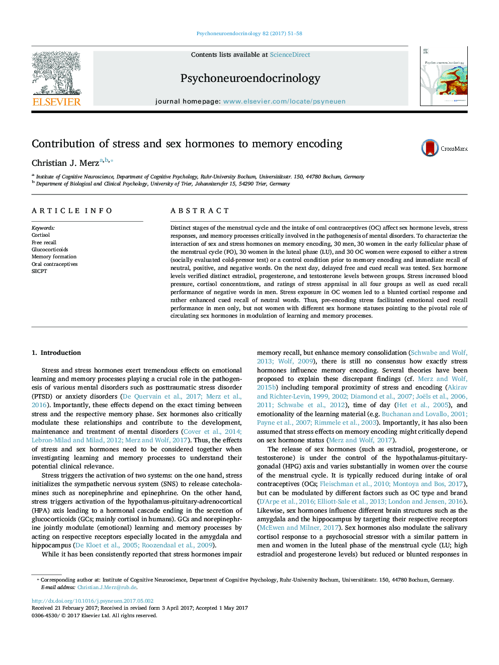 Contribution of stress and sex hormones to memory encoding