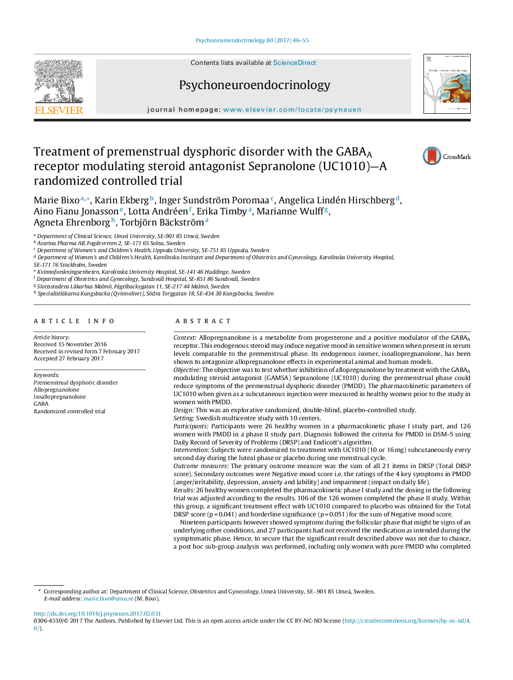 Treatment of premenstrual dysphoric disorder with the GABAA receptor modulating steroid antagonist Sepranolone (UC1010)-A randomized controlled trial