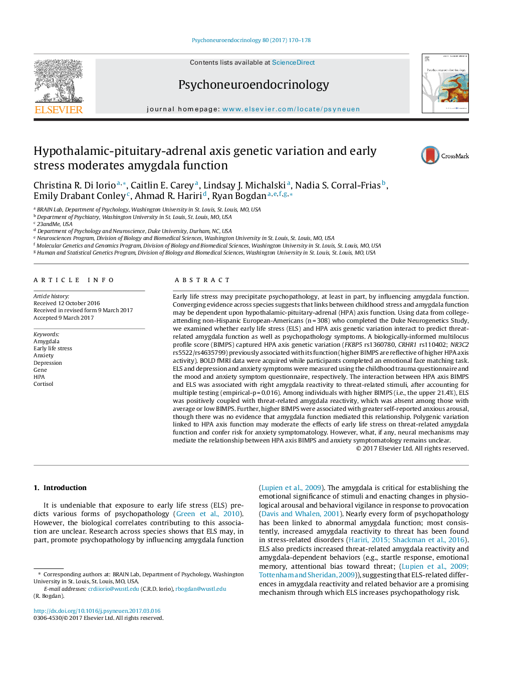 تنوع ژنتیکی و تنش اولیه محور هیپوتالاموس - هیپوفیز - آدرنال نسبت به عملکرد آمیگدال 