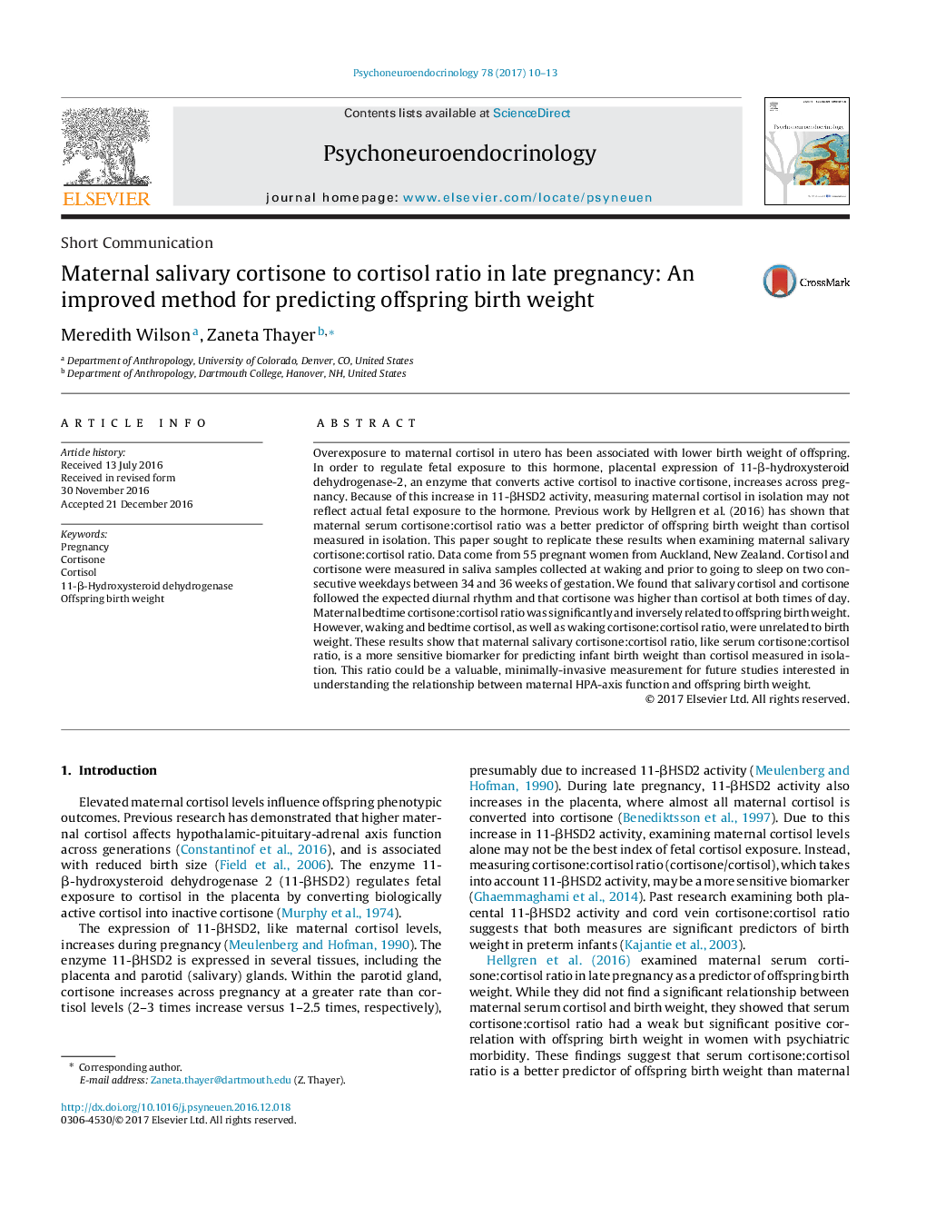 Maternal salivary cortisone to cortisol ratio in late pregnancy: An improved method for predicting offspring birth weight