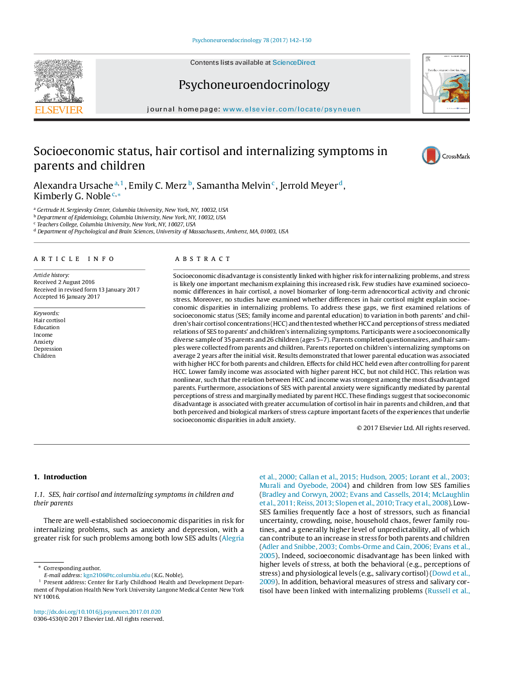 Socioeconomic status, hair cortisol and internalizing symptoms in parents and children