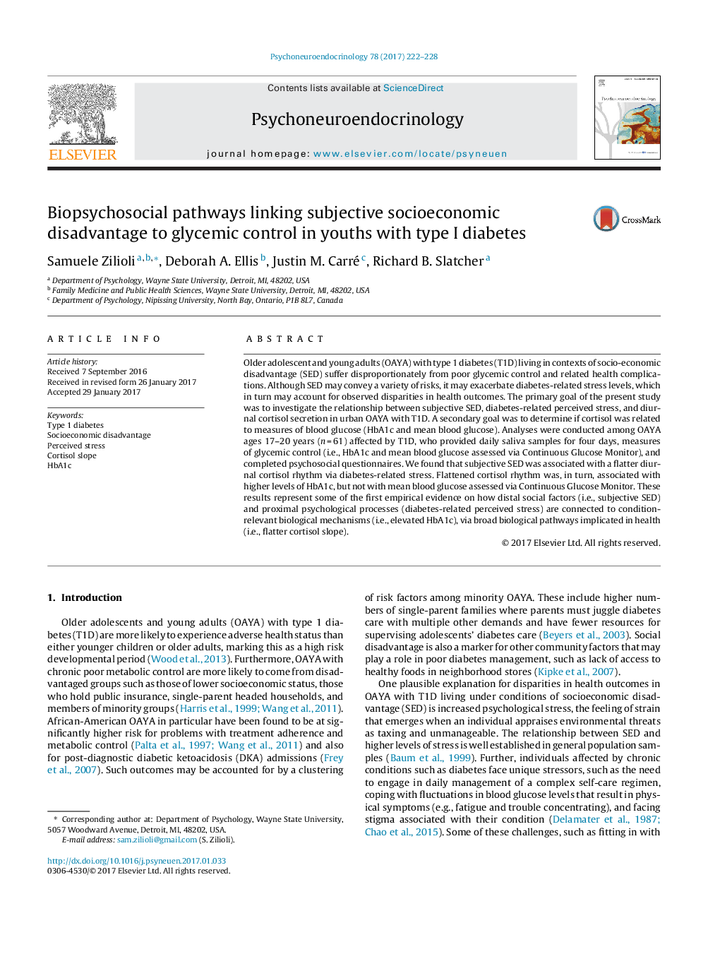 Biopsychosocial pathways linking subjective socioeconomic disadvantage to glycemic control in youths with type I diabetes