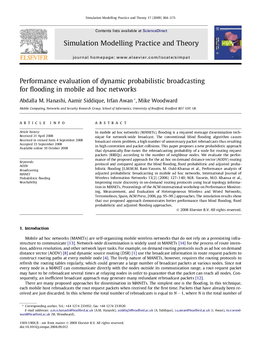 Performance evaluation of dynamic probabilistic broadcasting for flooding in mobile ad hoc networks