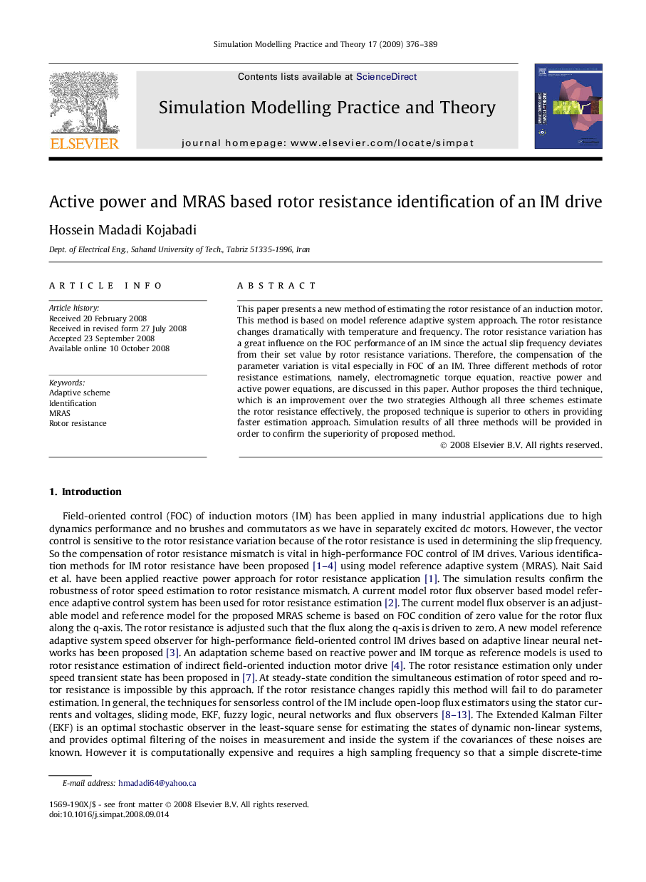 Active power and MRAS based rotor resistance identification of an IM drive