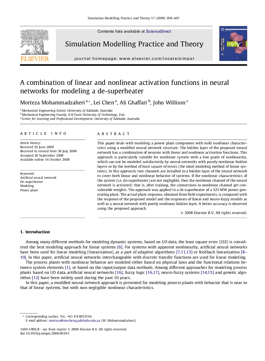 A combination of linear and nonlinear activation functions in neural networks for modeling a de-superheater