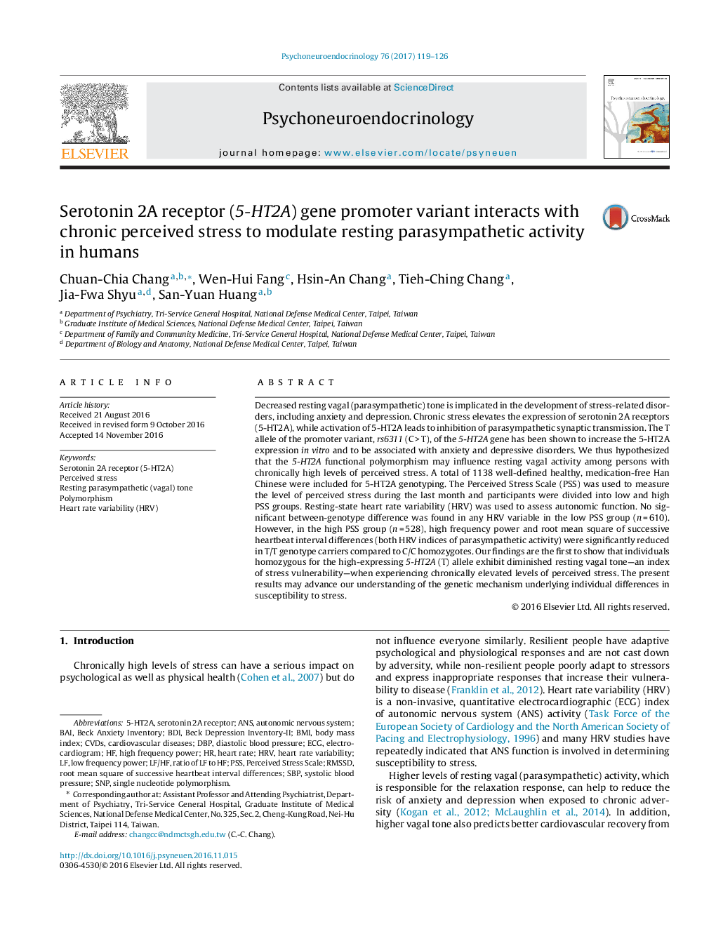 Serotonin 2A receptor (5-HT2A) gene promoter variant interacts with chronic perceived stress to modulate resting parasympathetic activity in humans