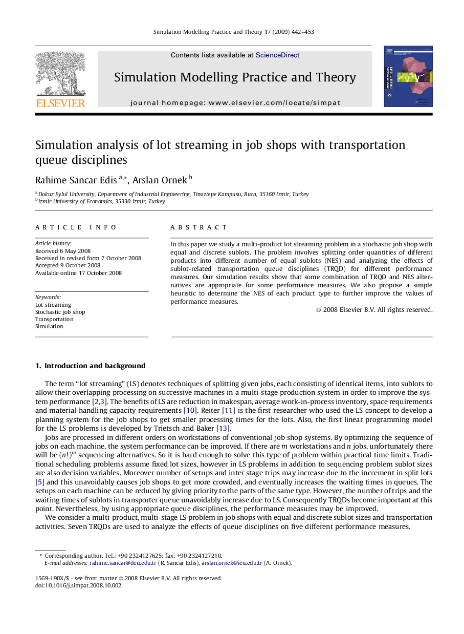 Simulation analysis of lot streaming in job shops with transportation queue disciplines