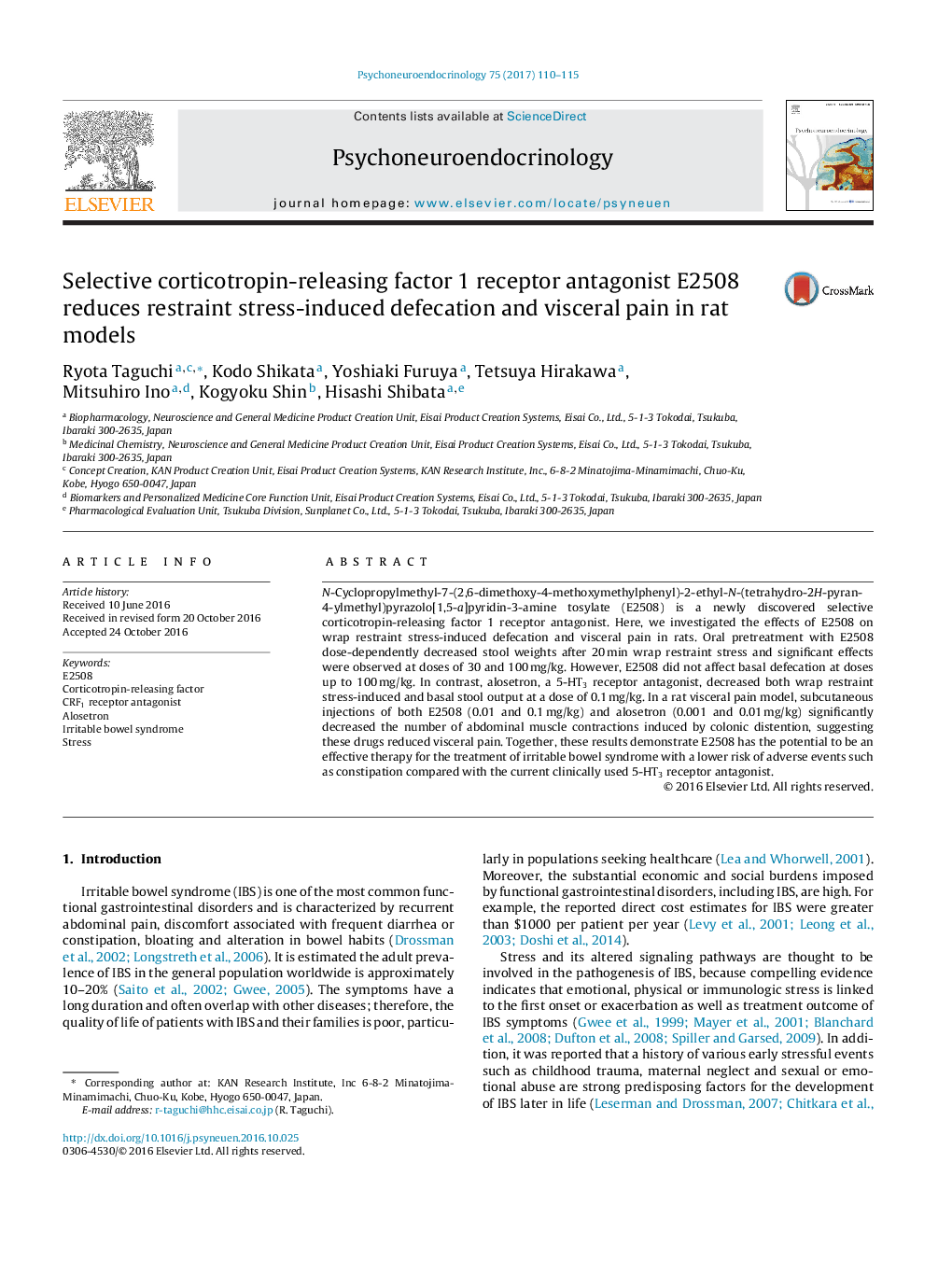 Selective corticotropin-releasing factor 1 receptor antagonist E2508 reduces restraint stress-induced defecation and visceral pain in rat models