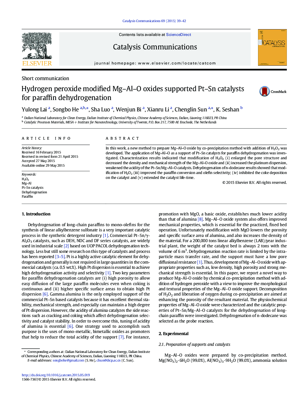 Hydrogen peroxide modified Mg–Al–O oxides supported Pt–Sn catalysts for paraffin dehydrogenation