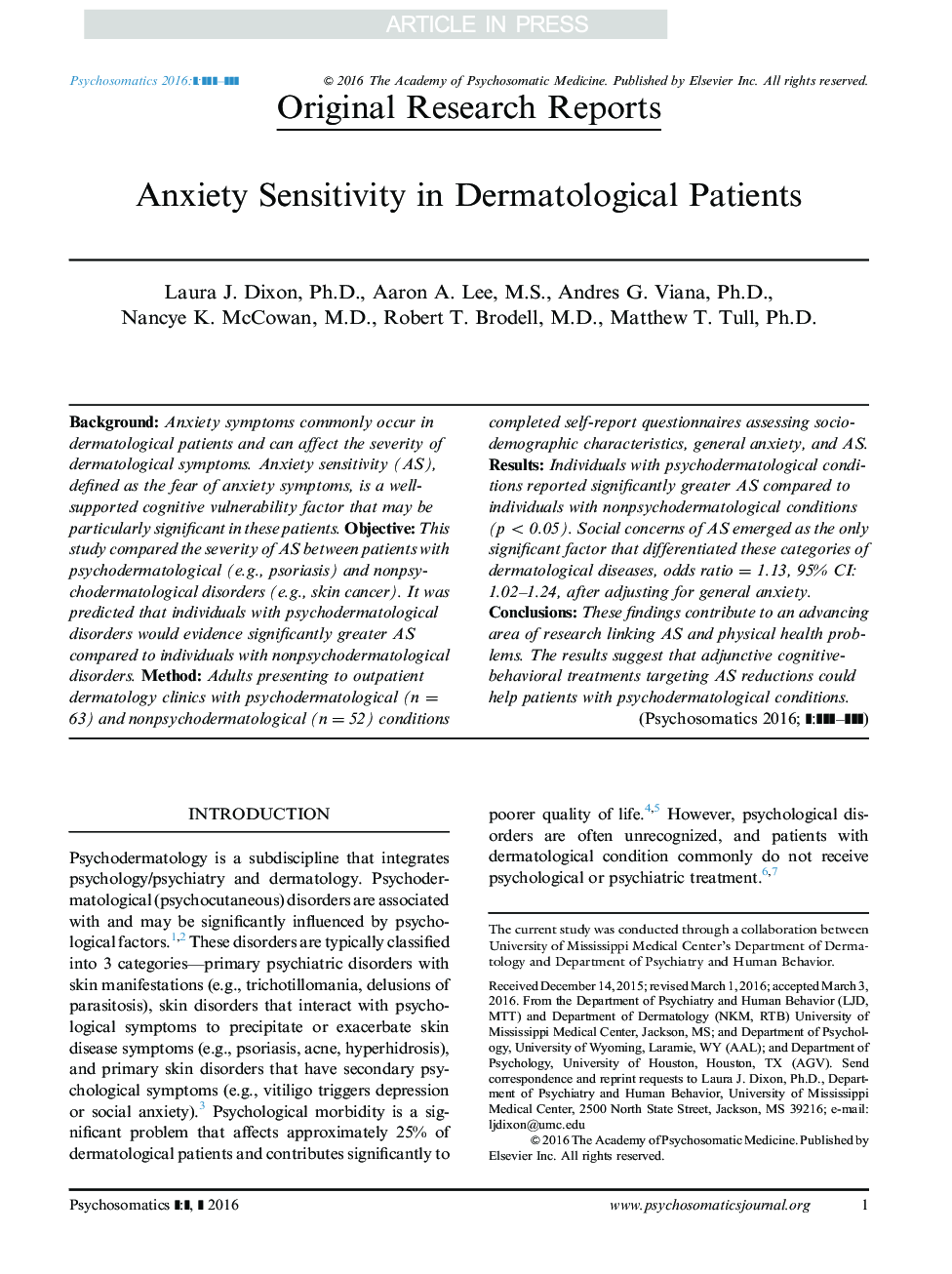 Anxiety Sensitivity in Dermatological Patients