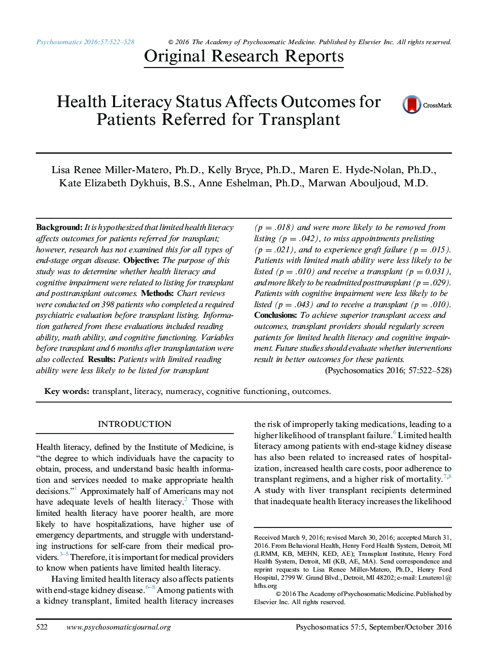 Original Research ReportsHealth Literacy Status Affects Outcomes for Patients Referred for Transplant