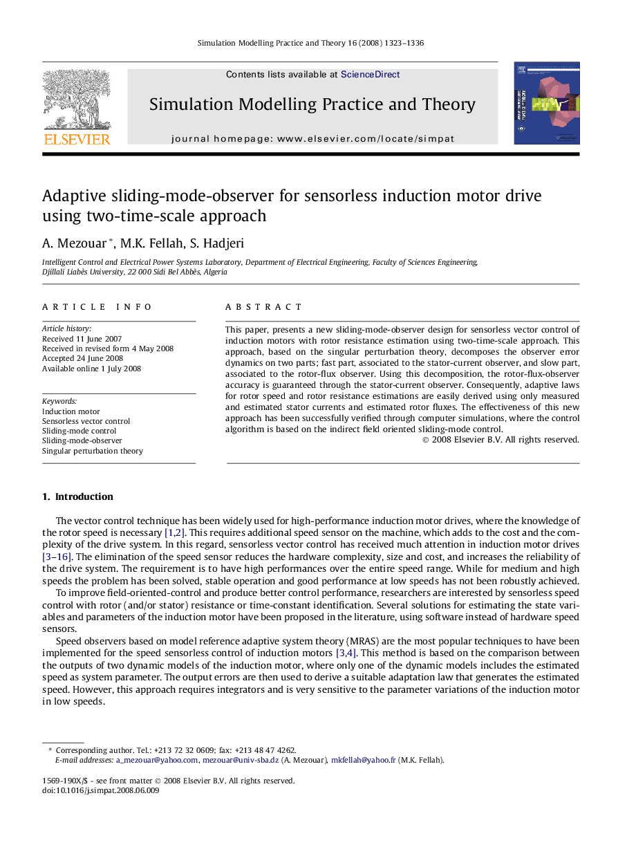 Adaptive sliding-mode-observer for sensorless induction motor drive using two-time-scale approach