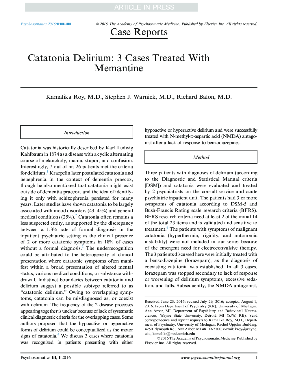Catatonia Delirium: 3 Cases Treated With Memantine