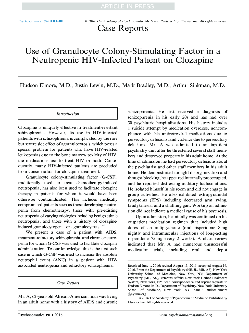 عکس صفحه اول مقاله: Use of Granulocyte Colony-Stimulating Factor in a Neutropenic HIV-Infected Patient on Clozapine Use of Granulocyte Colony-Stimulating Factor in a Neutropenic HIV-Infected Patient on Clozapine