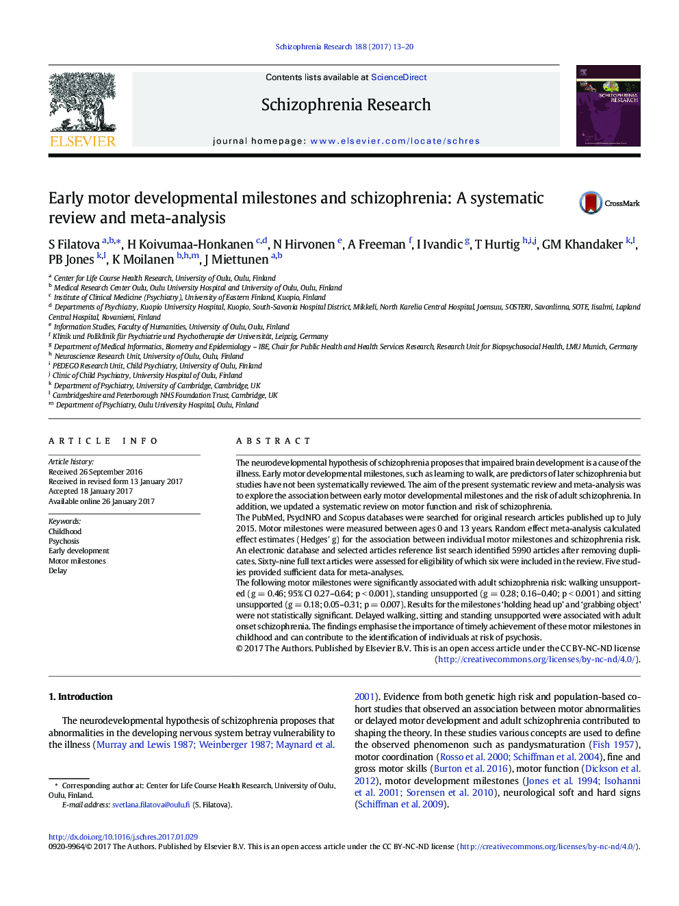 Early motor developmental milestones and schizophrenia: A systematic review and meta-analysis