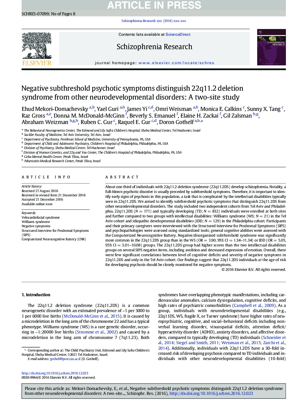 Negative subthreshold psychotic symptoms distinguish 22q11.2 deletion syndrome from other neurodevelopmental disorders: A two-site study