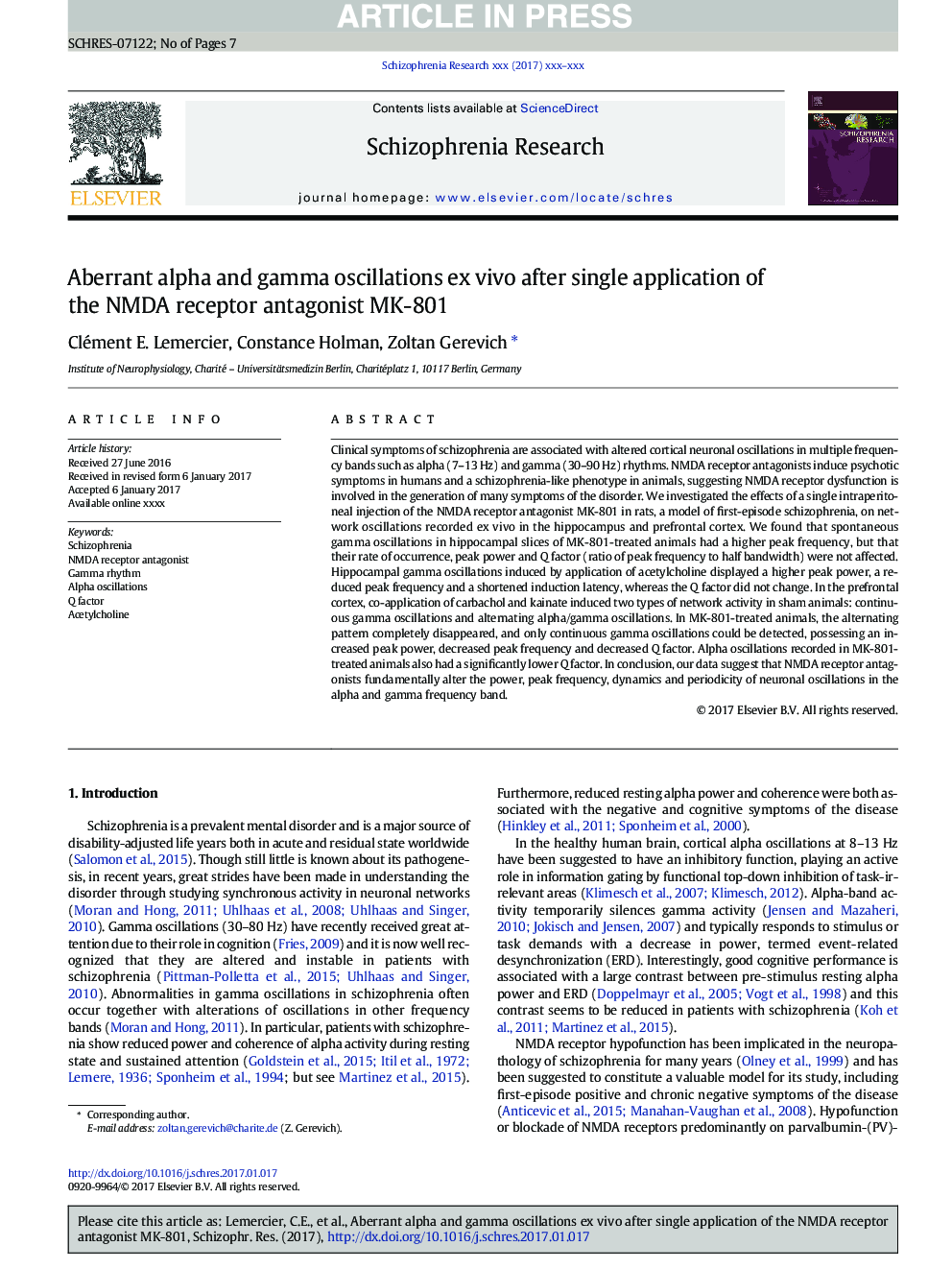 Aberrant alpha and gamma oscillations ex vivo after single application of the NMDA receptor antagonist MK-801