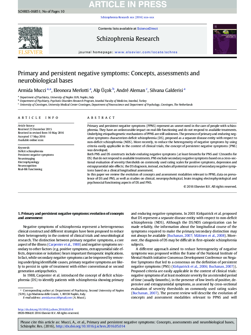 Primary and persistent negative symptoms: Concepts, assessments and neurobiological bases