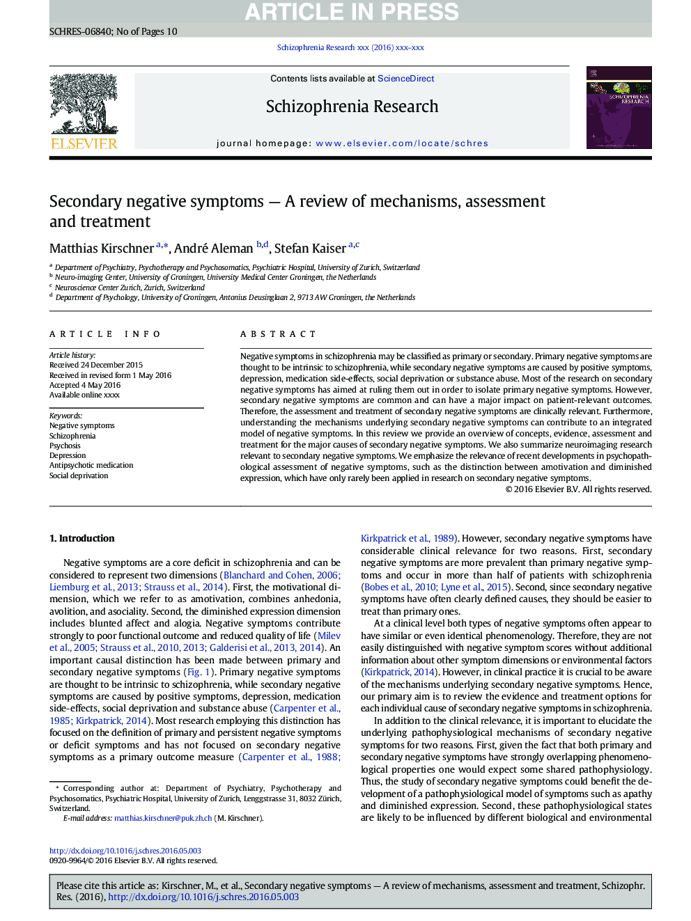 Secondary negative symptoms - A review of mechanisms, assessment and treatment