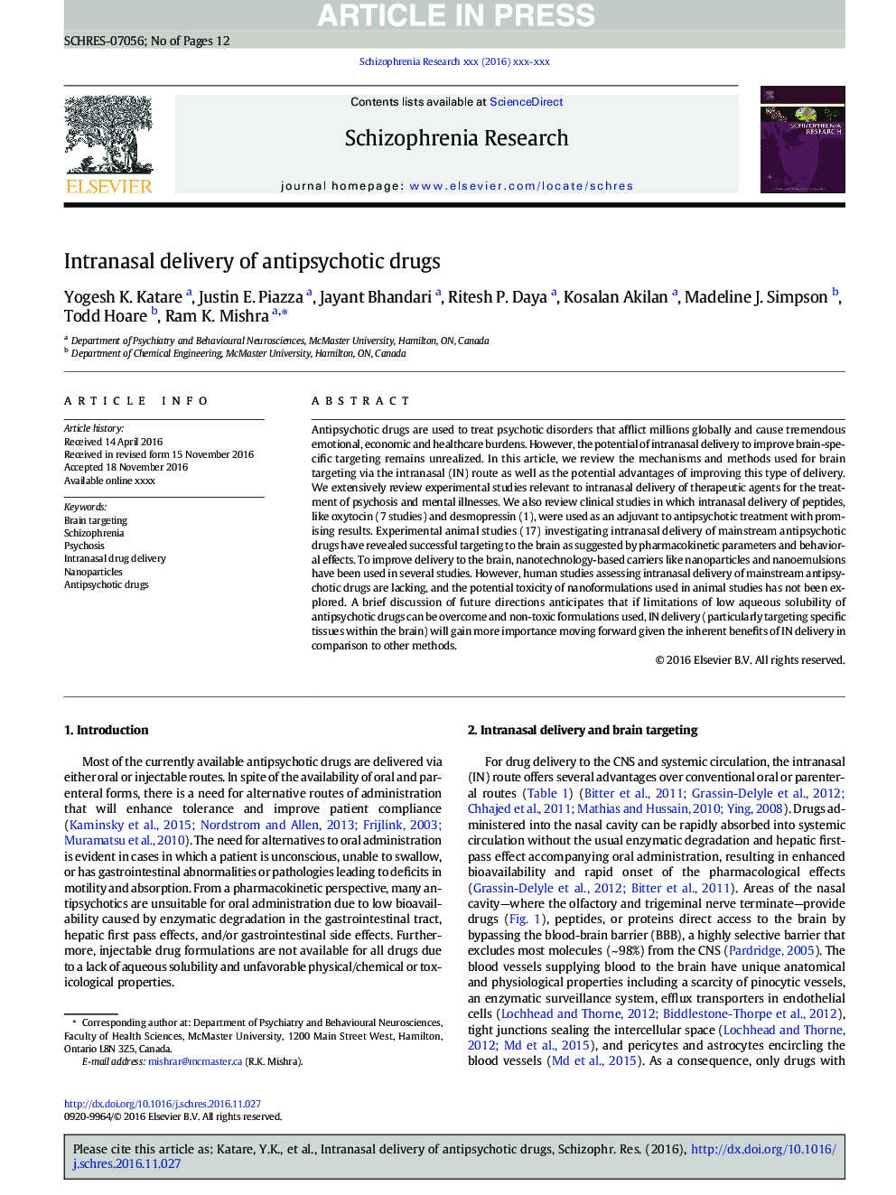 Intranasal delivery of antipsychotic drugs