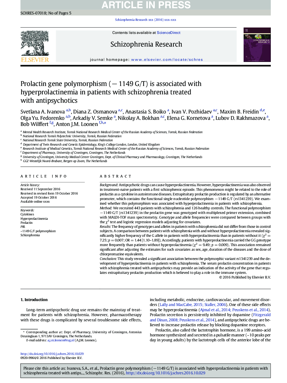 Prolactin gene polymorphism (âÂ 1149 G/T) is associated with hyperprolactinemia in patients with schizophrenia treated with antipsychotics