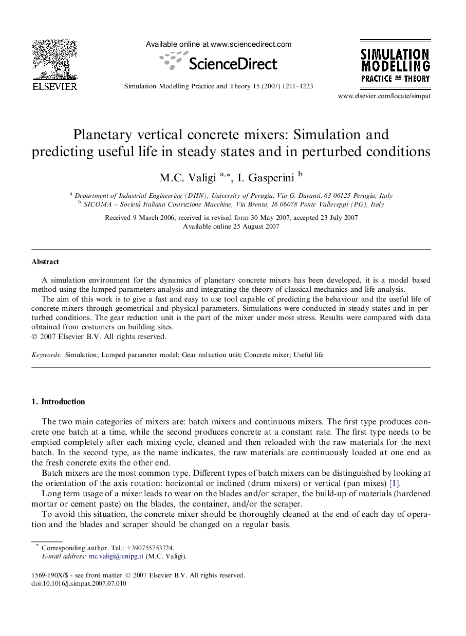 Planetary vertical concrete mixers: Simulation and predicting useful life in steady states and in perturbed conditions