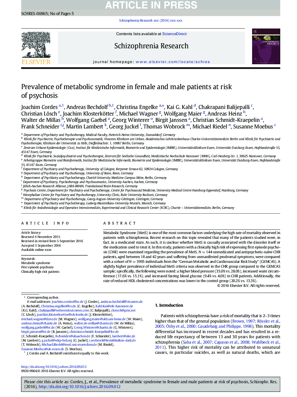 Prevalence of metabolic syndrome in female and male patients at risk of psychosis